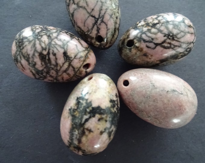 31x20mm Natural Rhodonite Easter Egg Pendant, Drilled, Gemstone Egg, Stone Easter Egg, Rhodonite Stone Charm, 2mm Hole, Pink & Black