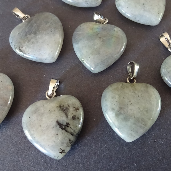 22-23mm Natural Labradorite Heart Pendant With Brass Loop, Light Gray Labradorite Charm, Crystal Heart Pendant, Mineral Heart Charm