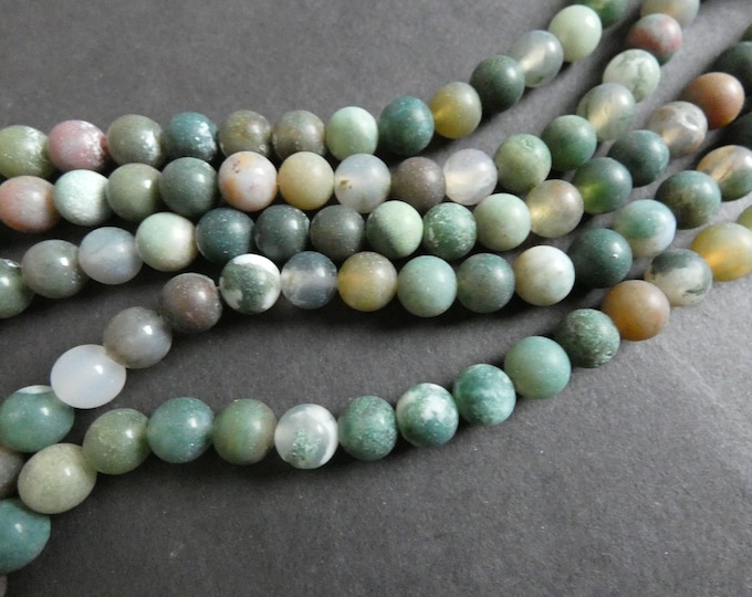 15.5 Inch 6mm Natural Frosted Indian Agate Ball Bead Strand, About 63 Beads, Green and Brown Stone Beads, Unfinished, Drilled Agate Beads