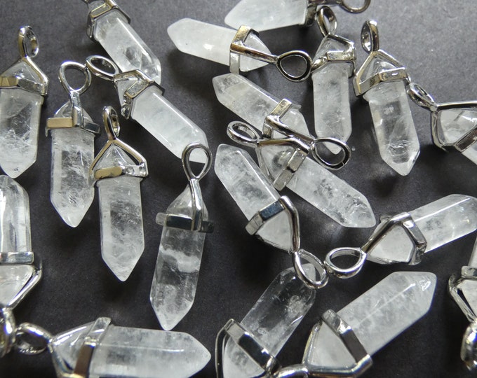 29-31mm Natural Crystal Pendant, Brass Finding, Faceted Bullet, Polished, Gemstone Jewelry Pendant, Clear & Silver Color, Crystal Charms