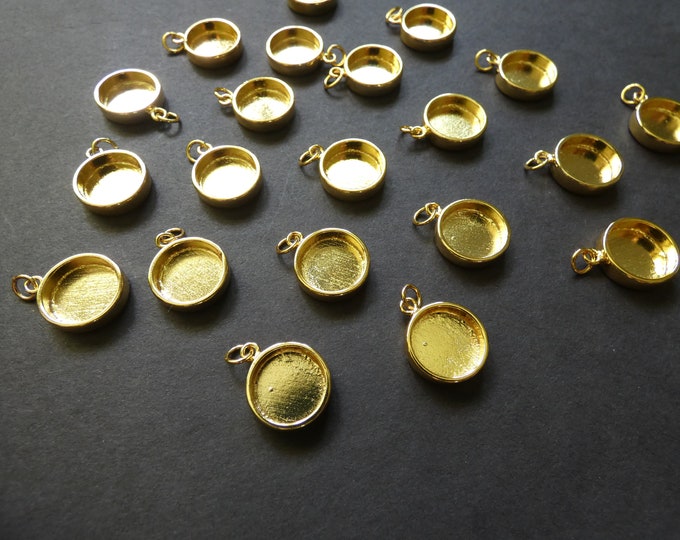 18x14.5mm Brass Cabochon Setting Charms, Gold Casting, 12mm Tray, 2mm Hole, Flat Round, Simple Classic Style, Golden Setting With Jump Ring