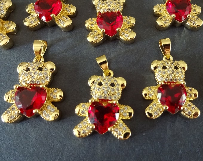 19.5mm Gold Plated Brass Bear Pendant with Cubic Zirconia, 18k Gold Plated, Red Cubic Zirconia, Bear Pendant, Bear Charm, Gold Bear Pendant