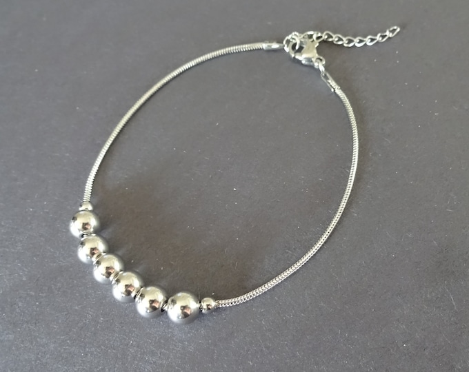 Stainless Steel Snake Chain Bracelet With Ball Beads, With Clasp, 7 7/8 Inch, Silver Chain, Minimalist, Ready To Wear, Ball Bead Bracelet