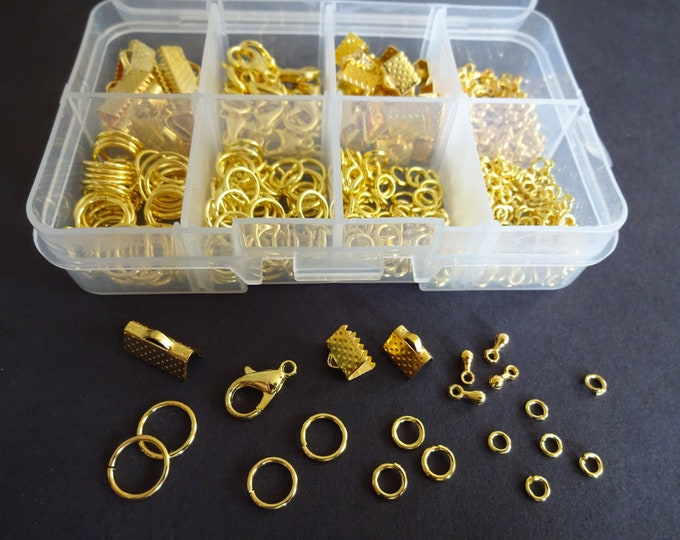 Jewelry Making Mixed Finding Kit, Metal Findings, Jump Rings, Lobster Claw Clasps, Gold Color, Mixed Lot, With Organizer