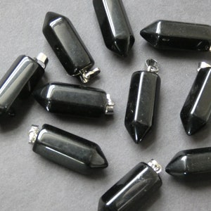 33-36mm Natural Obsidian Pendant, Brass Finding, Bullet Charm, Polished, Gemstone Jewelry Pendant, Black & Silver Color, Black Obsidian