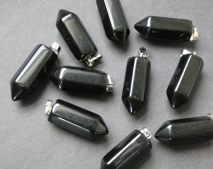 33-36mm Natural Obsidian Pendant, Brass Finding, Bullet Charm, Polished, Gemstone Jewelry Pendant, Black & Silver Color, Black Obsidian