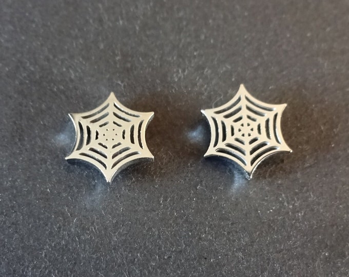 Stainless Steel Silver Spider Web Stud Earrings, Hypoallergenic, Halloween Earrings, Set Of Earrings, 11x9.5mm, Halloween Jewelry, Web Studs