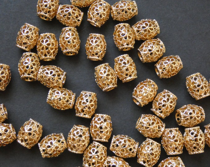 11x10mm Gold Metal Barrel Bead, Metal Spacer Bead, Metal Bicone Spacer, Antiqued Gold Bead, Intricate Floral Bead, Large 4mm Hole