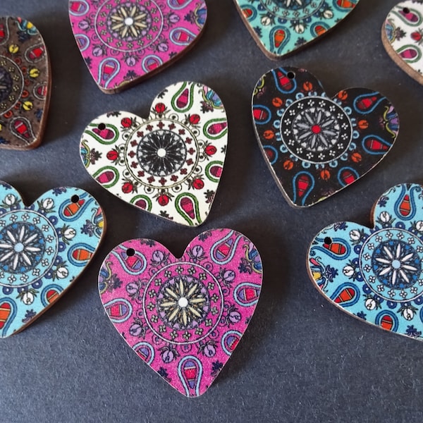 5 PACK 34mm Painted Wood Heart Pendant, Basswood Pendant, Wooden Heart Pendant, Mixed Color Wood Pendant, LIMITED SUPPLY, Hot Deal!