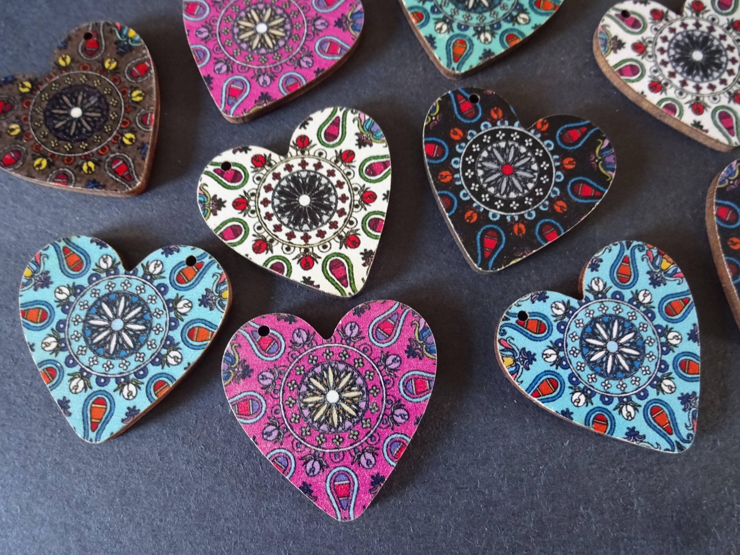 Wood Hearts. Wooden Heart Decor with Rainbow Colors. Rainbow Hearts