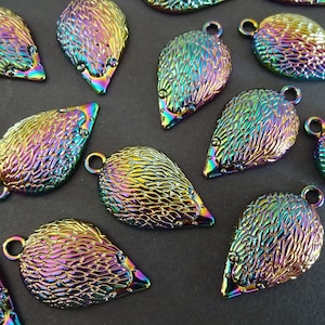 5 PACK of 36mm Metal Hedgehog Pendant, Rainbow Metal Hedgehog Charm, Oil Slick Color, Iridescent Metal Pendant, Holographic Metal Pendant