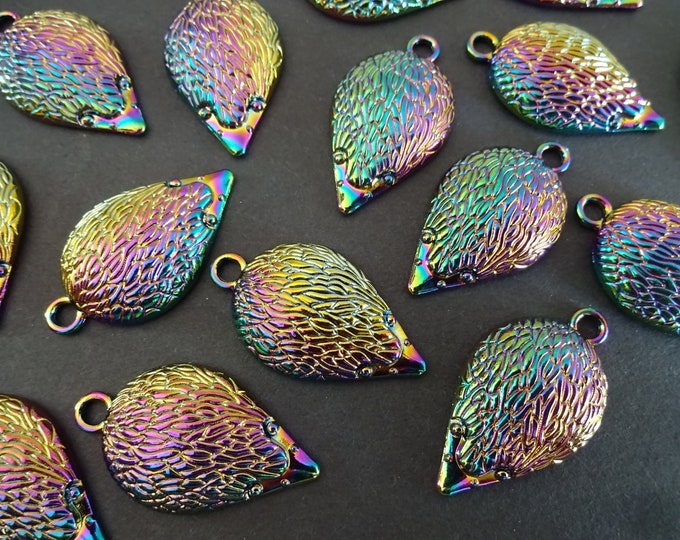 5 PACK of 36mm Metal Hedgehog Pendant, Rainbow Metal Hedgehog Charm, Oil Slick Color, Iridescent Metal Pendant, Holographic Metal Pendant