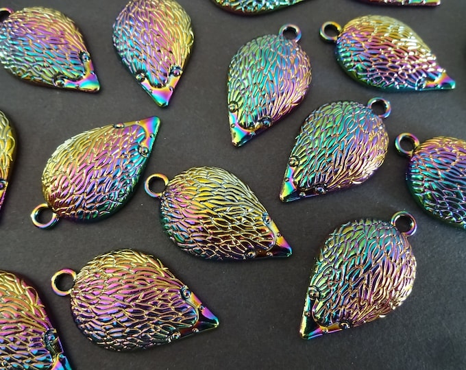 5 PACK of 36mm Metal Hedgehog Pendant, Rainbow Metal Hedgehog Charm, Oil Slick Color, Iridescent Metal Pendant, Holographic Metal Pendant