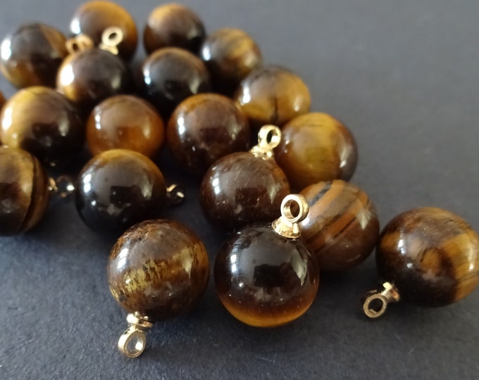 14x10.5mm Natural Tiger Eye Ball Charm With Brass Loop, Polished Gem, Gemstone Pendant, Brown, Black & Gold Color Loop, Crystal Charm