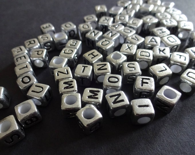 6mm Silver Acrylic Letter Cube Beads, Word Bead, Alphabet Bead, Friendship Bracelet Bead, Silver Bead & Black Letters, Monogram Jewelry