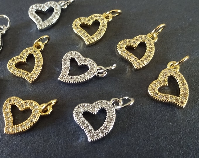5 PACK Of 9x12mm Cubic Zirconia Micro Pave Brass Heart Charms, With Loops, Silver & Gold, Clear Rhinestones, Heart Pendants, 3mm Holes
