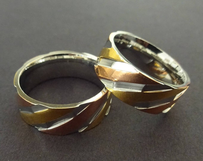 Tricolor Stainless Steel Ring, Stainless Steel Band, Lined Band, Lined Ring, Wide Band, Silver, Rose Gold & Yellow Gold Color, Tri Color
