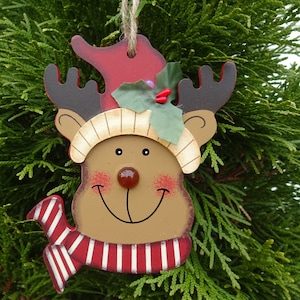 4.5 Inch Handcrafted Reindeer Christmas Wood Ornament, Natural Red Agate Gemstone Nose, Handmade Wooden Ornament, Hand Painted Xmas Reindeer