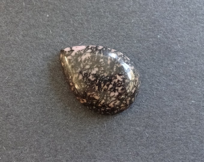 30x22mm Natural Rhodonite Teardrop Cabochon, Black & Pink, One 0f A Kind, Unique, As Seen In Image, Only One Available, Pink Mineral Cab