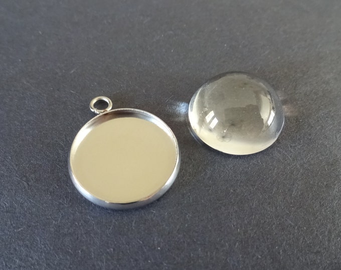 Pack of 16mm Round Stainless Steel Pendant Setting with Half Round Glass Cabochon, 21.5x18mm Overall Size, Round Setting, Silver Colored