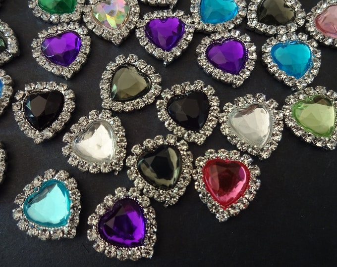 PACK of 16mm Acrylic Rhinestone & Brass Heart Cabochons, Faceted, Mixed Lot Of Colors, Brass Metal Finding, Undrilled, Heart Rhinestones