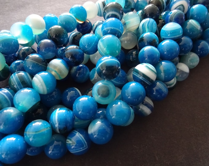 10mm Natural Striped Agate Ball Bead Strand, Dyed, About 38 Beads, 15.75 Inch Strand, Round Bead, Precious Stone, Blue and White Stripe Bead