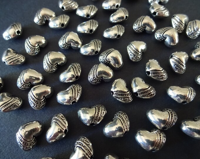 50 PACK of 9.5x7mm Metal Heart Bead, Silver Heart Bead, Antique Silver Color, Metal Bead, Beautiful Bead, Valentine Metal Bead, Metal Heart