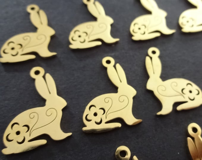 5 PACK 19mm 201 Stainless Steel Easter Bunny Charm, Gold Color Pendant, Easter Charm, Bunny Charm, Steel Easter Pendant, Rabbit Charm