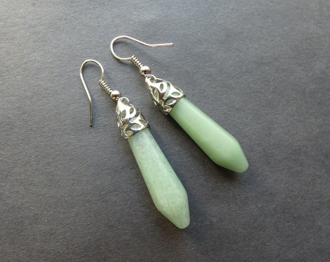 53mm Natural Green Aventurine Earrings With Brass, Bullet Shaped, Polished Gem, Gemstone Jewelry, Green & Silver, Faceted, Dangle Earrings