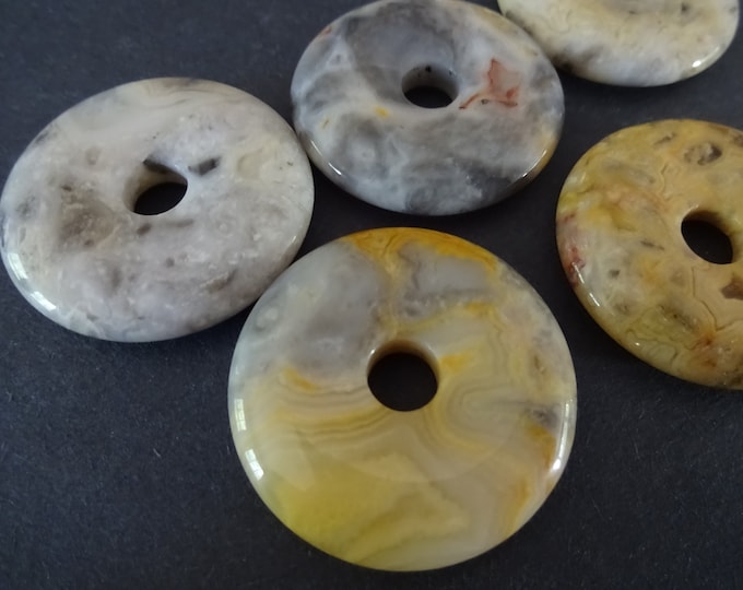 30mm Natural Crazy Agate Donuts, Polished Natural Gemstone Component, Round Agate Stone, Wire Wrapping Stone, Multicolor, 6mm Hole