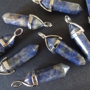 39.5mm Natural Sodalite Pendant With Brass Loop, Faceted, Bullet Shaped, Polished Gem, Jewelry Pendant, Blue Marbled Stone & Silver Metal