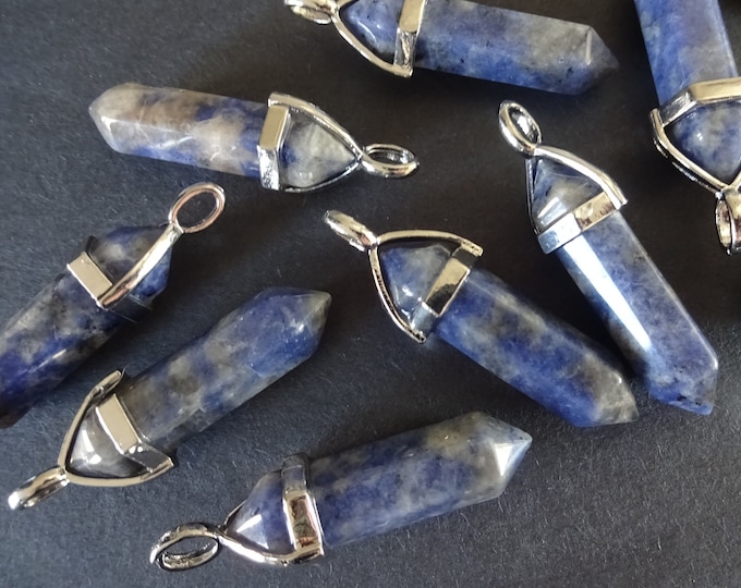 39.5mm Natural Sodalite Pendant With Brass Loop, Faceted, Bullet Shaped, Polished Gem, Jewelry Pendant, Blue Marbled Stone & Silver Metal