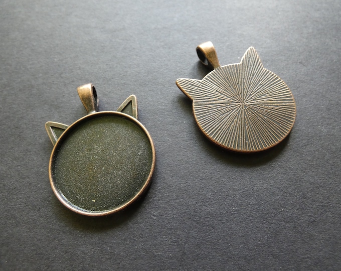 25mm Cat Alloy Metal Pendant Cabochon Setting, 37x27mm Overall Size, 25mm Tray, Cute Cat Setting, Red Copper Jewelry Cab, Kitty Charm
