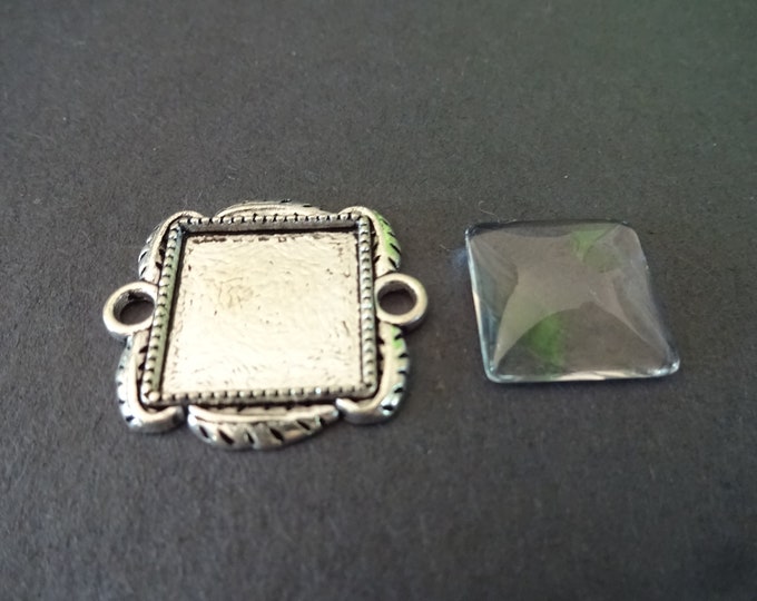 15mm Alloy Metal Square Setting with Glass, Silver Color, 26x23mm Overall Size, Flat Round, Silver Setting, Fits 15mm Square Cab, Link