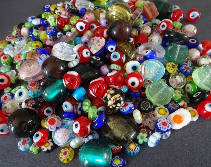 300 Gram Mixed Lampwork Glass Bead Pack, 4-29mm, About 300 Multicolor Beads, Shape & Size Variety, Millefiori, Evil Eye and More!