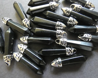 33-40mm Natural Black Obsidian Pendant, Brass Finding, Faceted Bullet, Polished, Gemstone Jewelry Crystal Pendant, Black & Silver Color