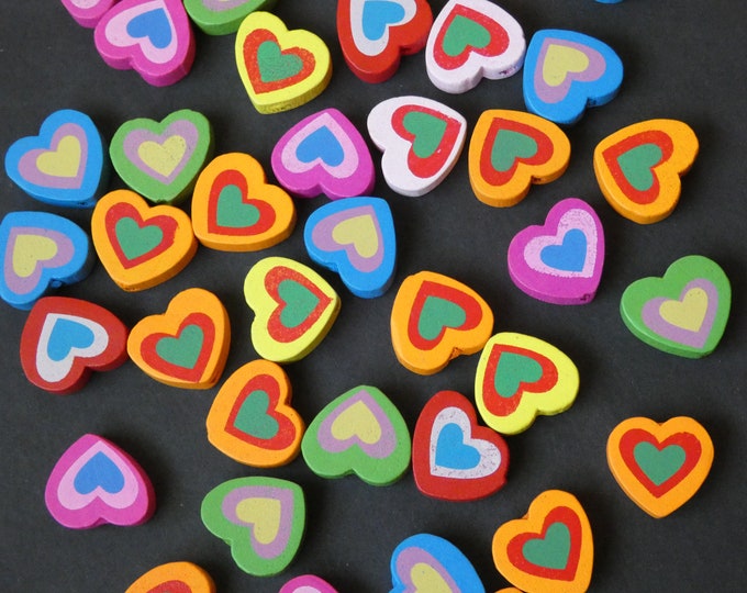 18x17mm Dyed Wooden Heart Beads, Mixed Variety, Multicolor, Bright, Colorful, Wood Love Bead Mix, Festive and Fun, Rainbow, Hand Detailed