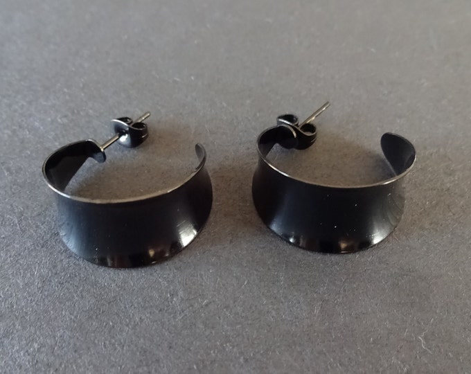 Stainless Steel Black Half Hoop Earrings, Hypoallergenic, Ion Plated, Round Hoops, Set Of Black Earrings, 21x11.5mm, C Shape Black Hoops