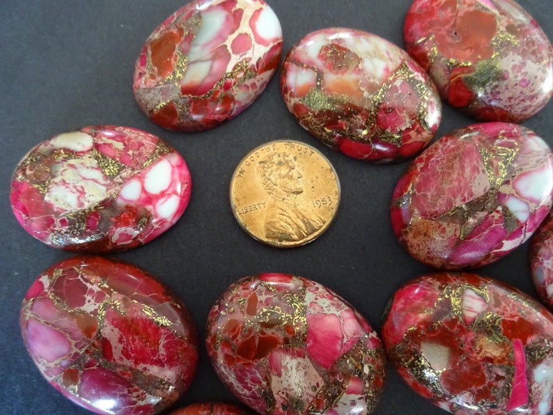 30x22mm Brass Line Imperialite Cabochon, Oval Cabochon, Polished Stone, Pink Stone Cabochon, Natural Gemstone Mineral, Pink and Gold, Red image 2