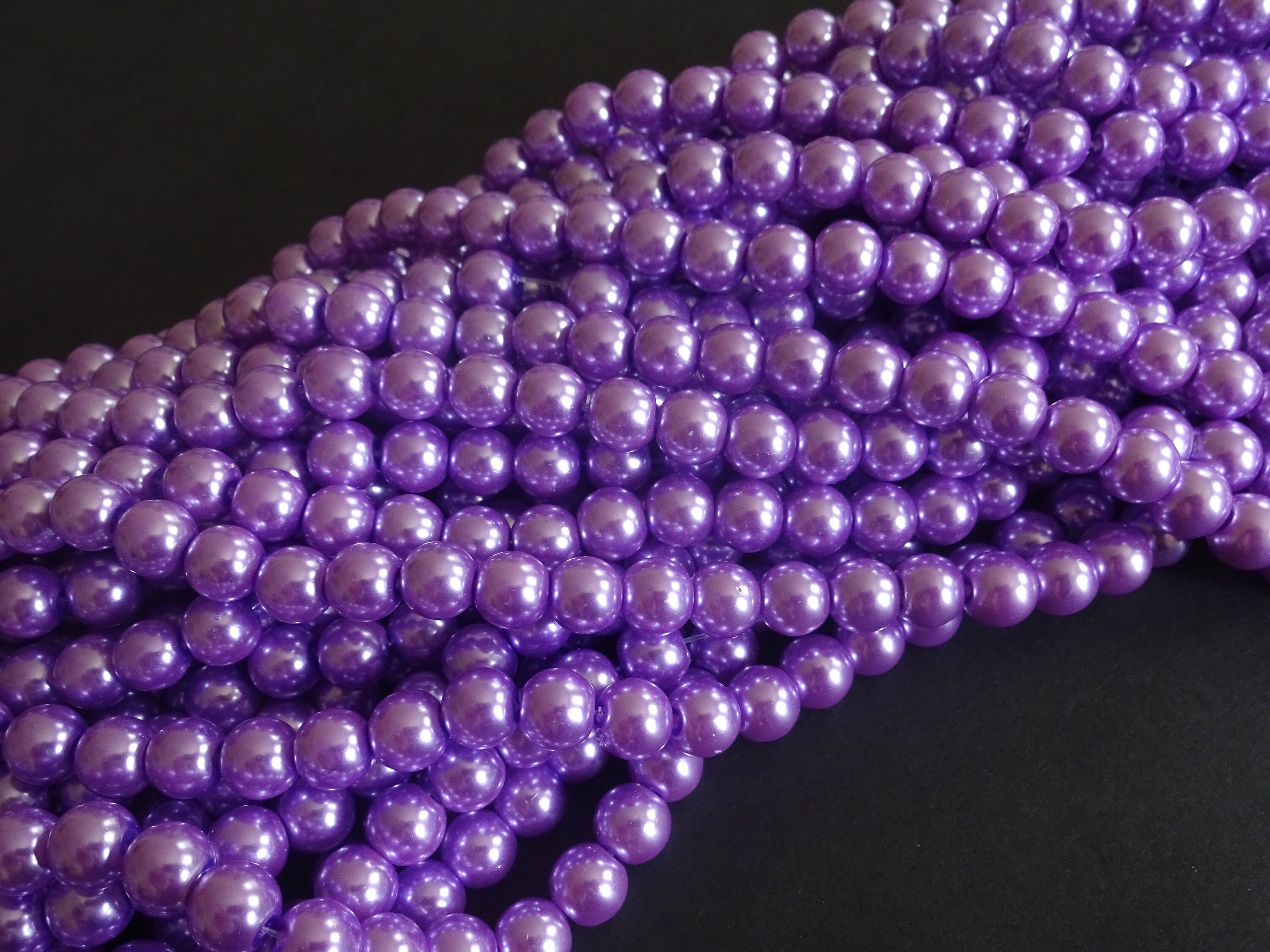 8mm Purple Glass Faux Pearl Bead Strand, Ball Bead, 32 Inch Strand