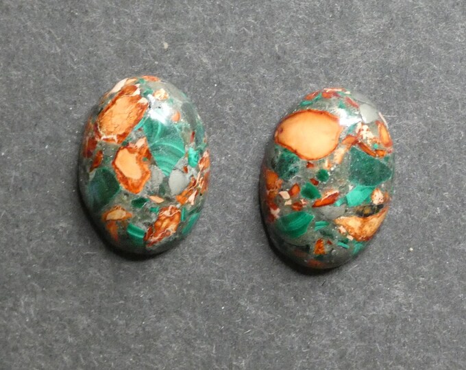 2 Pack 25x18mm Assembled Synthetic Malachite and Imperial Jasper Cabochons, Green & Orange, Dyed, Oval, One of a Kind, Unique Cabochon Set