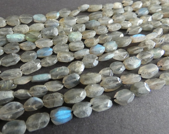 13 Inch 7-11mm Natural Labradorite Faceted Bead Strand, About 52 Beads, Puffed Ovals, Drilled Natural Gemstone, Translucent Gray Stone Bead