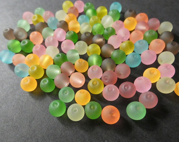 100 Pack 6-7mm Round Frosted Glass Beads, Semi-Transparent, Bright Rainbow Colors, Multicolor Frosted Spacer, Mixed Lot Bead, Basic, Round