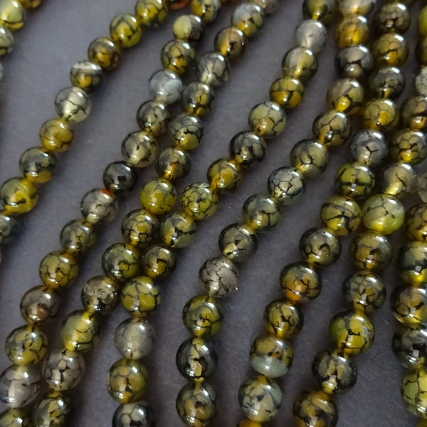 6mm Dragon Veins Agate Ball Beads, Dyed, 15.5 inch Strand Of About 64 Beads, Olive Green Agate, Gemstone Beads, Small Agate Crystal Beads