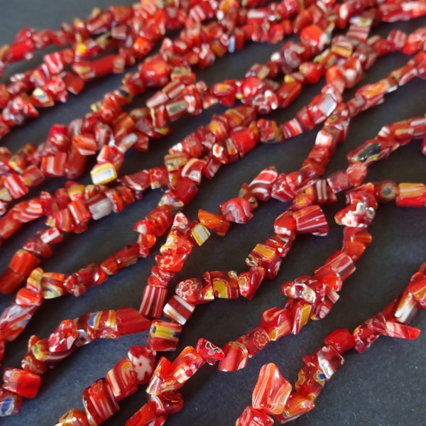 34 Inch 2-7mm Glass Millefiori Chip Bead Strand, About 130 Glass Beads, Red Millefiori Bead, Chip Bead, .5mm Hole, LIMITED SUPPLY, Hot Deal!