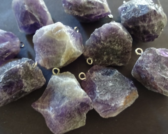 26-45mm Natural Raw Amethyst Pendant With 304 Stainless Steel, Amethyst, Gem Charm, Gemstone Jewelry Pendant, Purple and Silver Metal