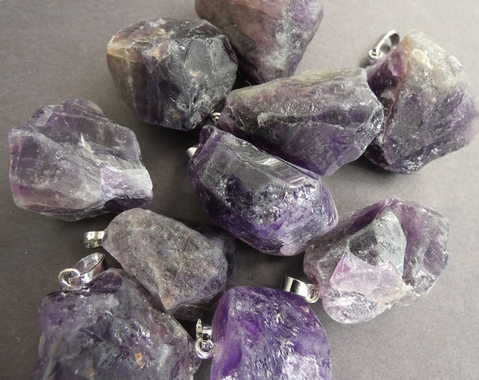 26-42mm Natural Amethyst Pendant With Brass, Unfinished, Birthstone Nuggets, Crystal Pendant, Purple & Silver Metal Loop, Amethyst Crystal