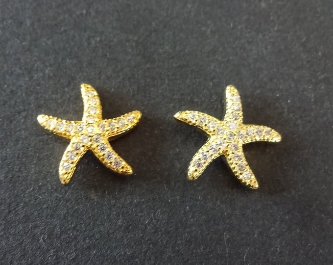 18K Gold Plated Sterling Silver & Cubic Zirconia Starfish Earrings, Hypoallergenic, 11mm Starfish Studs, Set Of Golden Earrings, Micro Pave