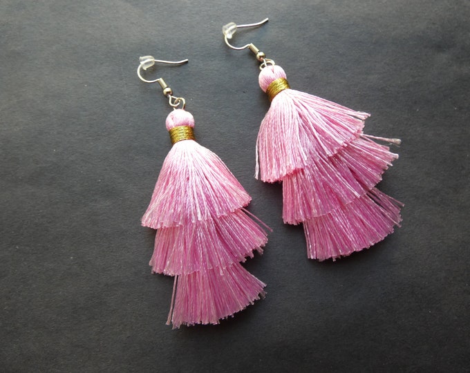 Polyester Tassel Earrings, Brass Earring Hooks, 80-85mm Long, Light Pink Earrings, Fish Hook, Dangle Earrings, Pierced Ears, Handcrafted