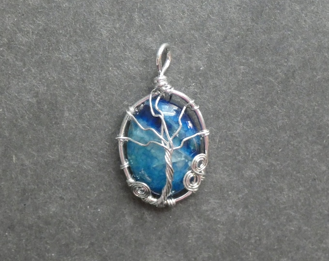 40x22mm Natural Agate Pendant with Platinum Tone Brass, Wire Wrapped Pendant, Blue, Dyed, Gemstone Pendant, One of a Kind, Unique Agate